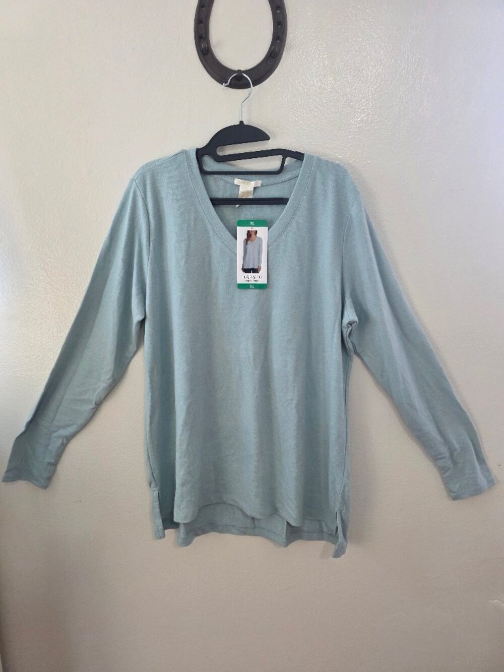 NWT Matty M Cozy V-Neck Tunic Top Light Blue Green Long Sleeve XL
